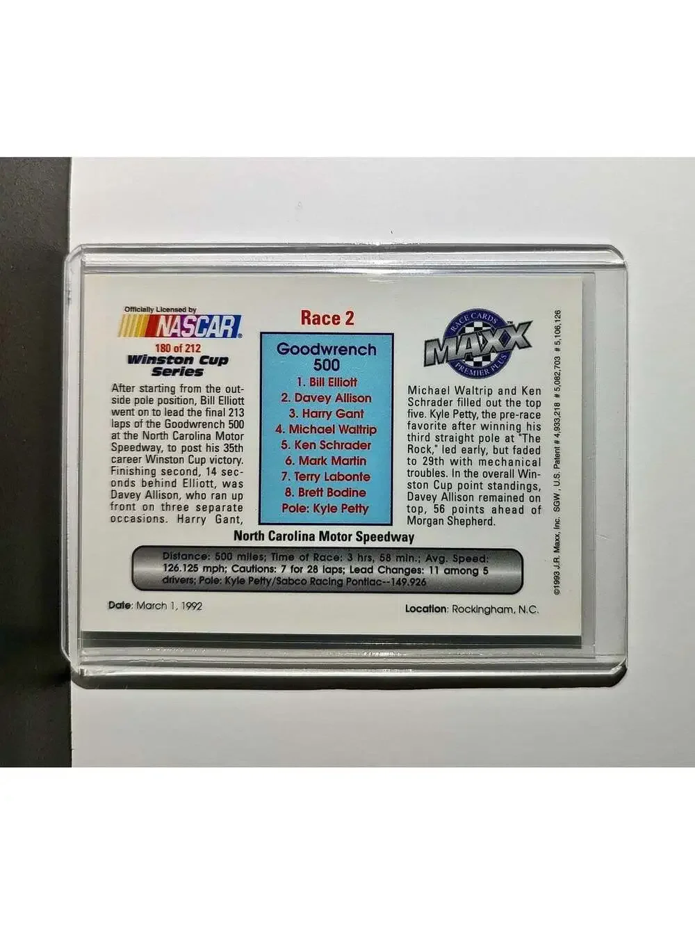 Race 2 Rockingham YR 1993 Maxx Premier Plus Racing #180 NASCAR Card